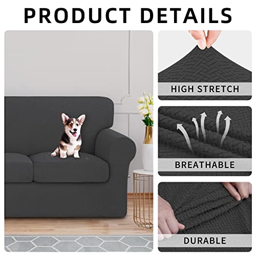 ISSUNTEX 4 Pieces High Stretch Thicken Couch Covers, Soft Sofa Slipcover for 3 Separate Cushion , Jacquard Fabric Elastic Furniture Protector for Dogs (Sofa, Dark Gray) - Image 4