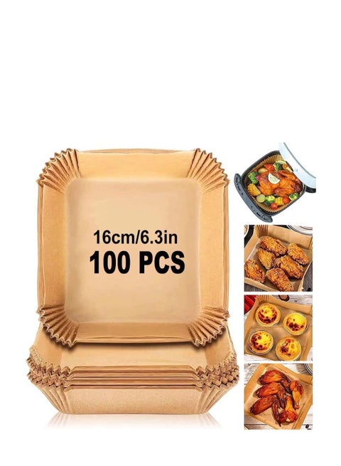 100 Pieces Disposable Non Stick Air Fryer Paper Liners Square Food Grade Baking Paper, 16cm, Brown