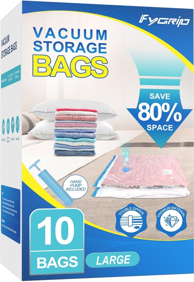 10 PACK LARGE VACUUM STORAGE BAGS WITH HAND PUMP PLASTIC PACKAGING BAGS 80 SPACE SAVER VACUUM SEAL BAGS FOR CLOTHING TRAVEL LUGGGAGE BLANKETS COMFORTERS