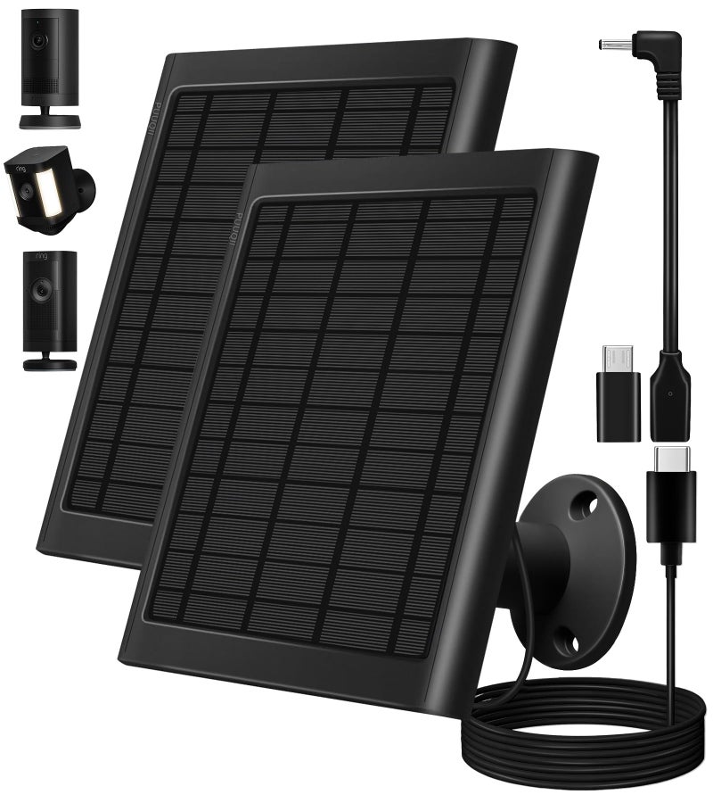 PUUQII 8W Solar Panel for Ring Camera, 2-Pack Solar Panel Charger Compatible with Ring Stick Up Cam Battery, Spotlight Cam Battery, Includes Barrel Plug to USB-C Adapter, IP65 Waterproof, 10ft Cable - Image 1