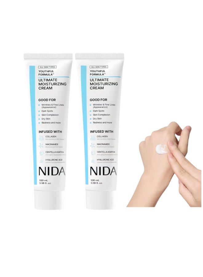نيدا عبوتان من كريم الترطيب الفائق Youthful Formula™ | أسياتيكا، نياسيناميد، حمض الهيالورونيك، كولاجين | التجاعيد، الخطوط الدقيقة، البقع الداكنة، جفاف البشرة، الاحمرار | 3.38 أونصة سائلة، 100 مل*2 - Image 1