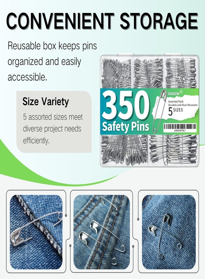 OIAOIW 350 Pack Safety Pins for Clothes 5 Assorted Sizes of Strong Heavy Duty Safety Pin Bulk for Clothing - Image 3