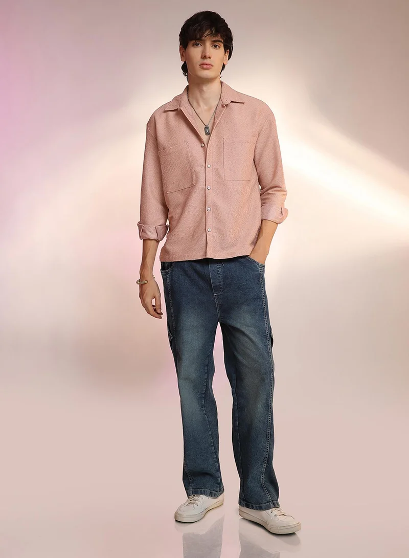 Campus Sutra Campus Sutra Men's Blush Pink Chevron-Woven Utility Shirt For Casual Wear | Spread Collar | Long Sleeve | Button Closure | Shirt Crafted With Comfort Fit For Everyday Wear