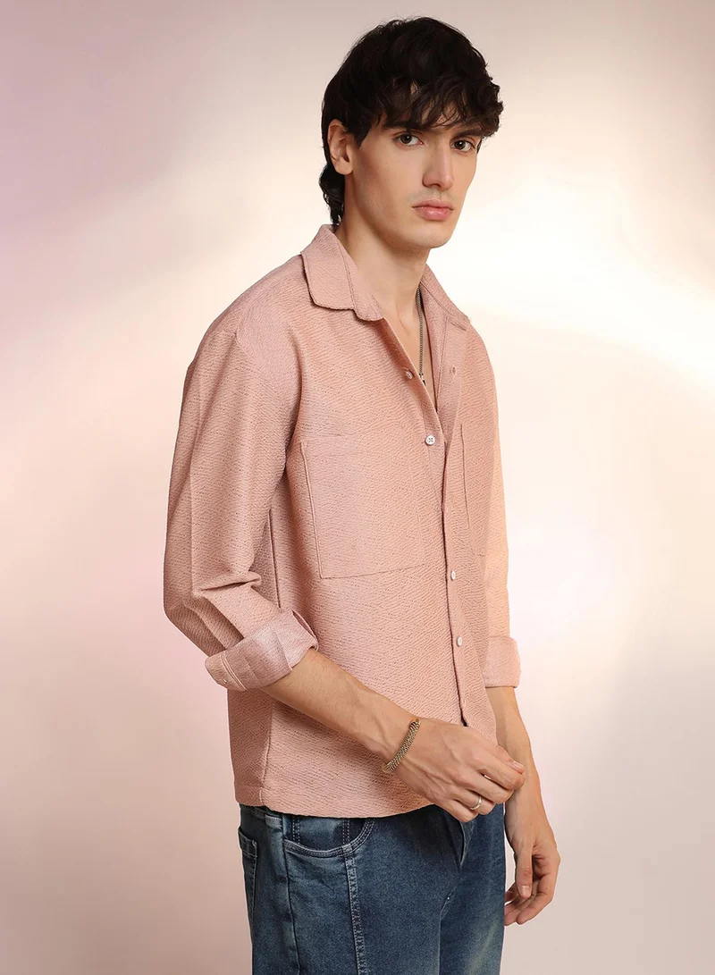 Campus Sutra Campus Sutra Men's Blush Pink Chevron-Woven Utility Shirt For Casual Wear | Spread Collar | Long Sleeve | Button Closure | Shirt Crafted With Comfort Fit For Everyday Wear