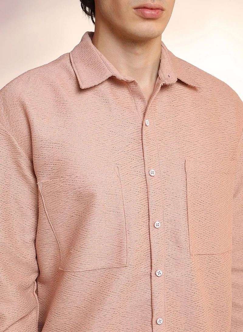 Campus Sutra Campus Sutra Men's Blush Pink Chevron-Woven Utility Shirt For Casual Wear | Spread Collar | Long Sleeve | Button Closure | Shirt Crafted With Comfort Fit For Everyday Wear