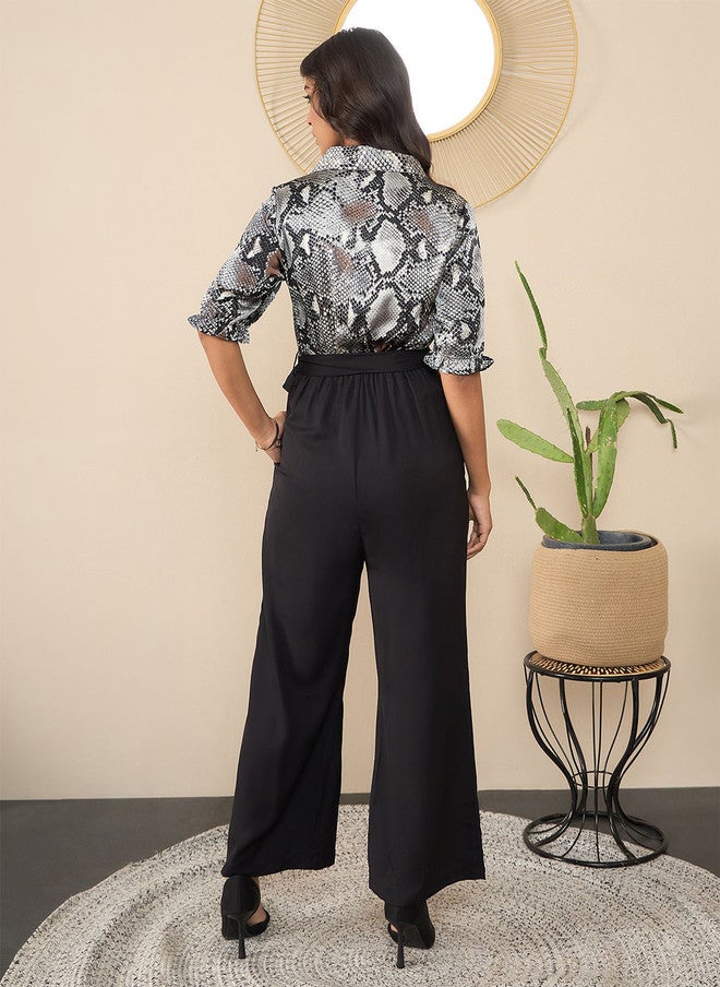 StyleStone Grey and Black Printed Basic Jumpsuit with Waist Tie-Ups - Image 5