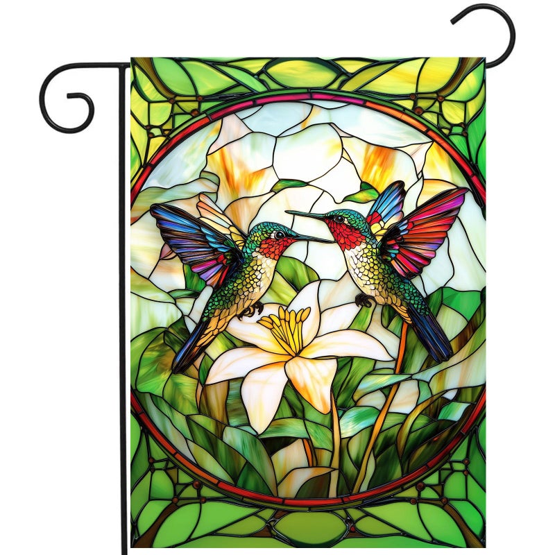 DZGlobal Stained Glass Hummingbird Garden Flags Floral Spring Flag Summer Flower Yard Flags for Outside 12x18 Double Sided Small Outdoor Seasonal Flags for Lawn Porch Patio Decor - Image 1