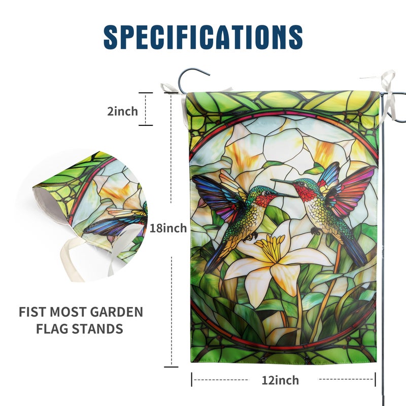 DZGlobal Stained Glass Hummingbird Garden Flags Floral Spring Flag Summer Flower Yard Flags for Outside 12x18 Double Sided Small Outdoor Seasonal Flags for Lawn Porch Patio Decor - Image 2