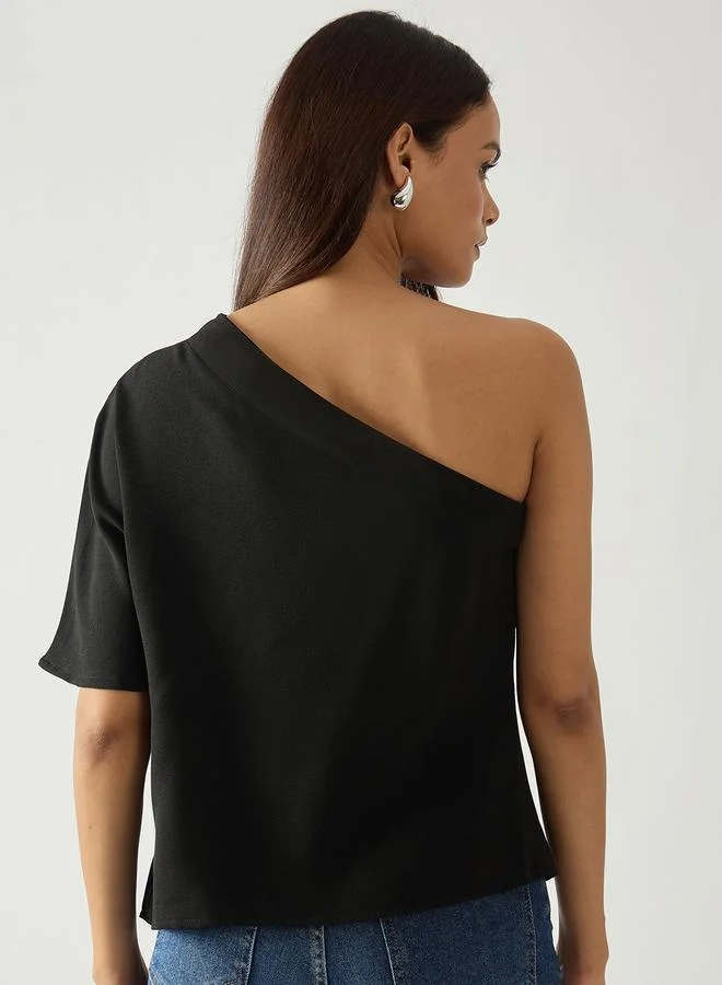 Femmella Black Solid One Shoulder Top
