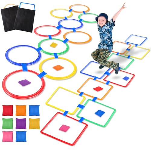 RoundFunny 2 Sets of 2 in 1 Hopscotch and Beanbag Toss Kit Include Hopscotch Ring Game Set and Squares Set 8 Pcs Beanbags for Indoor Game Outdoor Agility Portable Summer Conditioning Agility Training - Image 1