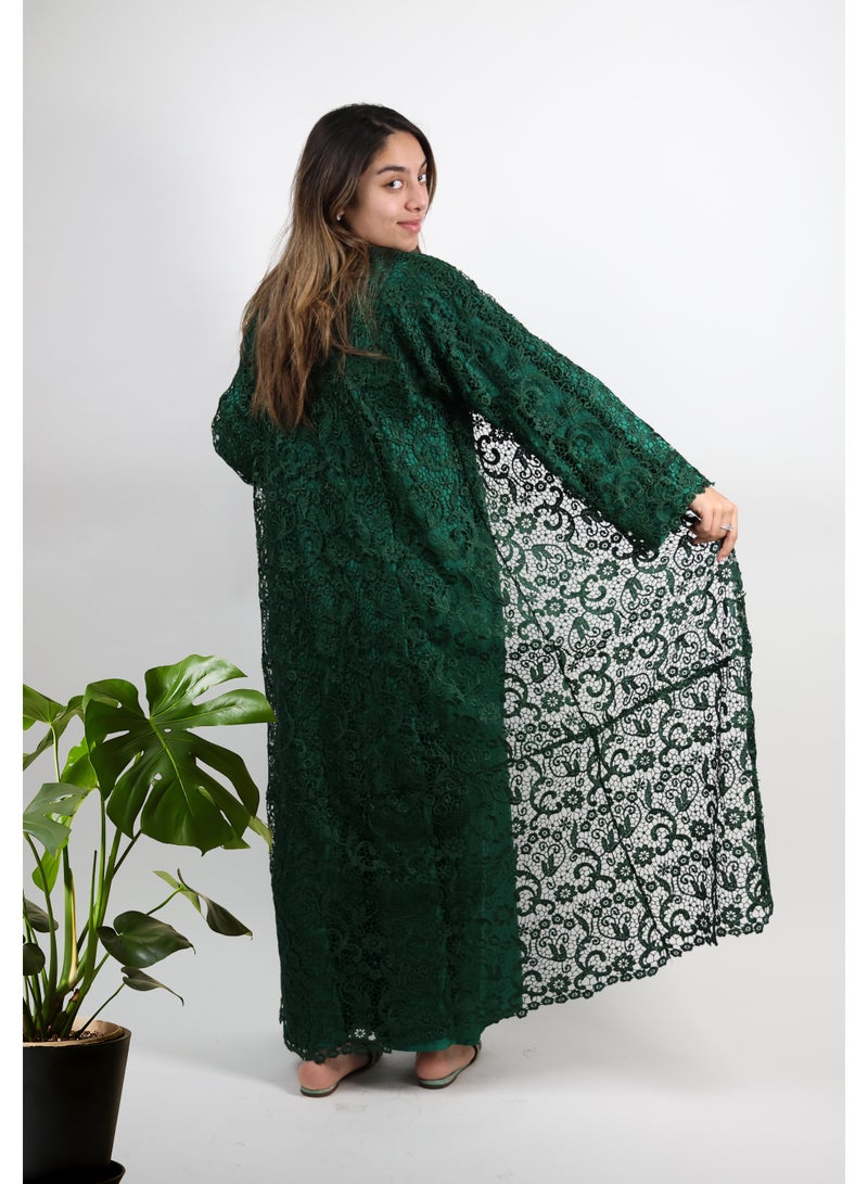 JAMEELA Emerald Lace Abaya Set with Inner, Belt & Headscarf - Image 4