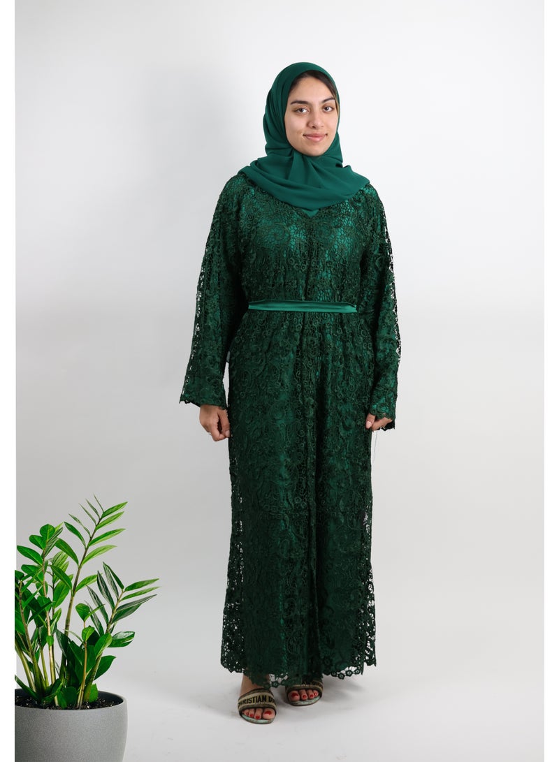 JAMEELA Emerald Lace Abaya Set with Inner, Belt & Headscarf - Image 2