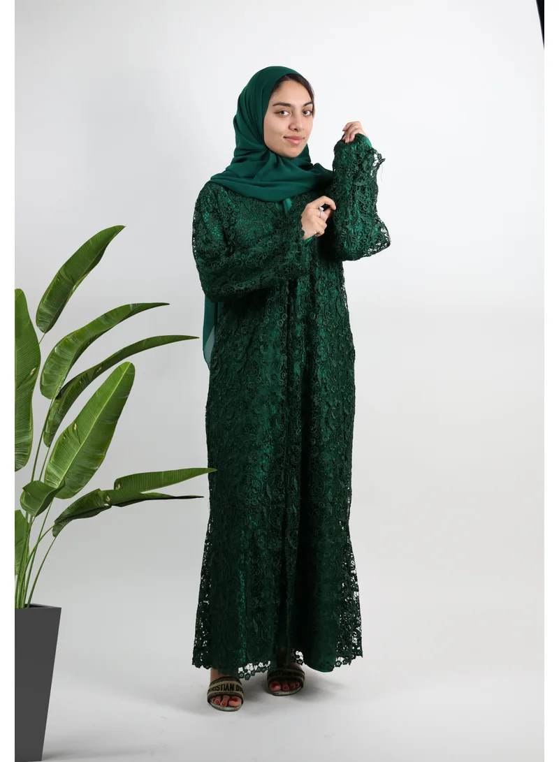 JAMEELA Emerald Lace Abaya Set with Inner, Belt & Headscarf