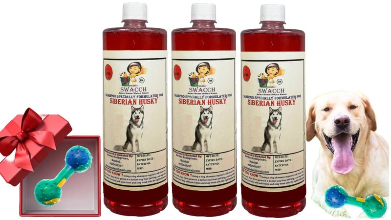 swacch Siberian Husky Dog Shampoo + Dumbbell Toy I Durable Rubber Dog Toy for Chewing I Playing,Teeth Cleaning & Training Toy I Combo Pack I 1 Litre Pack of 3 Jasmine - Image 1