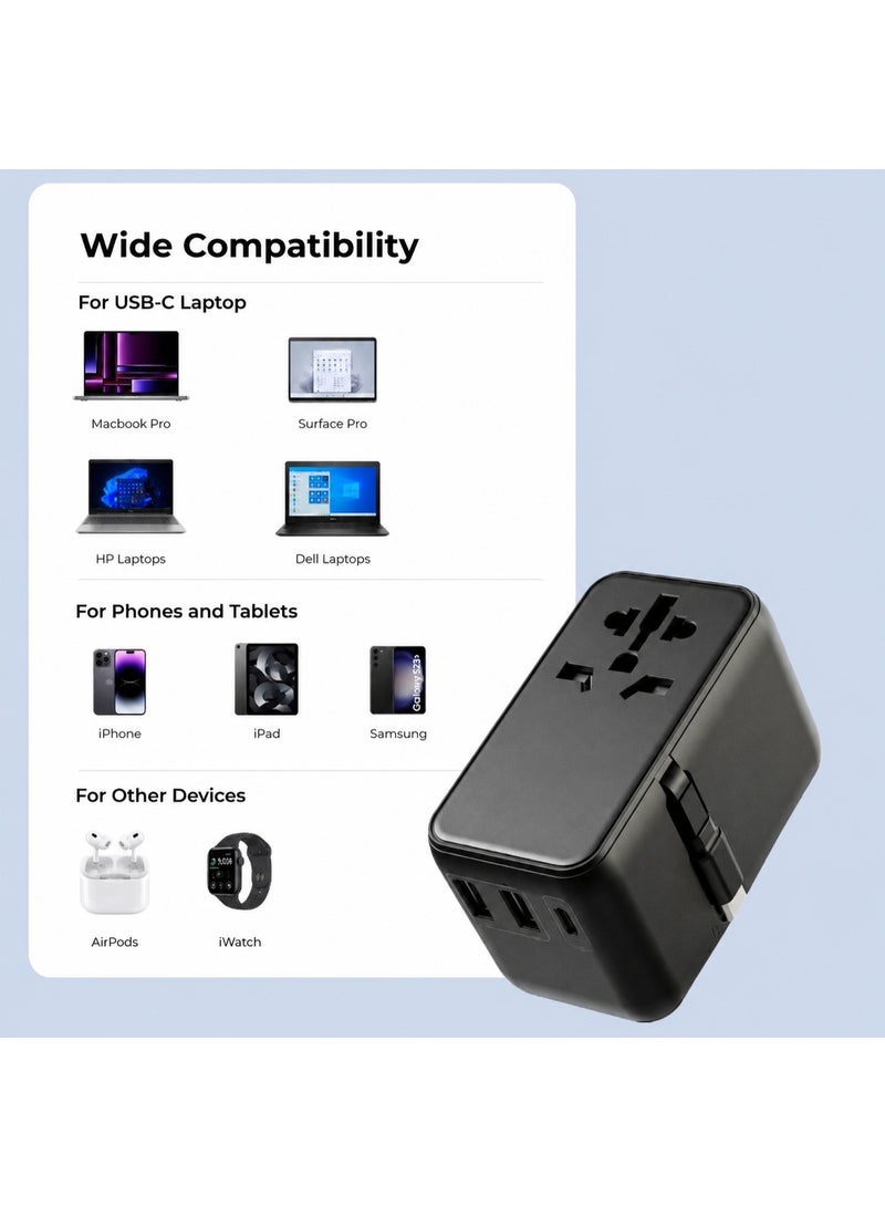 Universal Travel Adapter with USB-C PD 20W Fast Charging, 2 USB-A + 1 USB-C Ports, International Power Plug Adapter for US, UK, EU & AU, 2500W Max, Worldwide Travel Charger, Black - Image 2