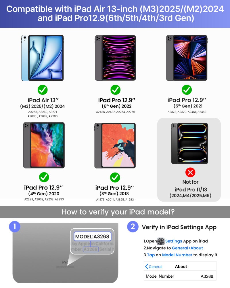 typecase حافظة لوحة مفاتيح تايب كيس لجهاز آيباد إير 13 بوصة (M3/M2، 2025/2024) و آيباد برو 12.9 بوصة (الجيل 6/5/4/3) ، لوحة مفاتيح سحرية مع إضاءة خلفية بـ 11 لون، لوحة تتبع متعددة اللمس، حامل قلم، بنفسجي فاتح - Image 2