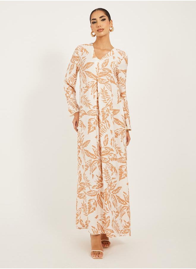 Styli - all over foilage print jalabiya is soft fabric w/ front pleat detail - Image 1