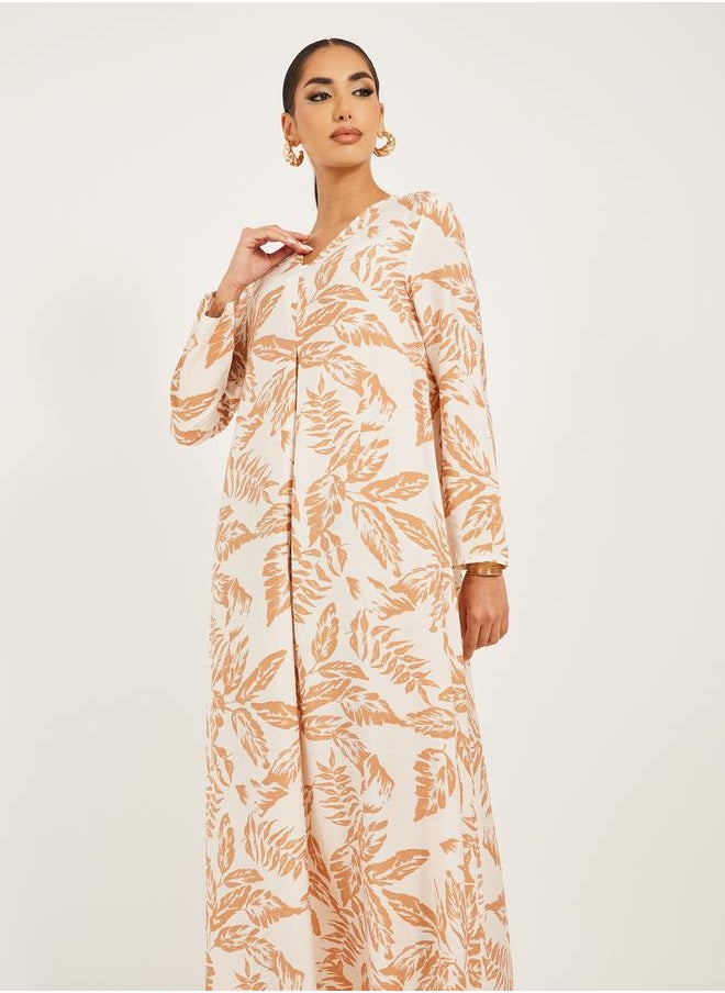 Styli - all over foilage print jalabiya is soft fabric w/ front pleat detail - Image 1