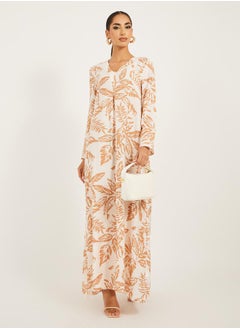 all over foilage print jalabiya is soft fabric w/ front pleat detail