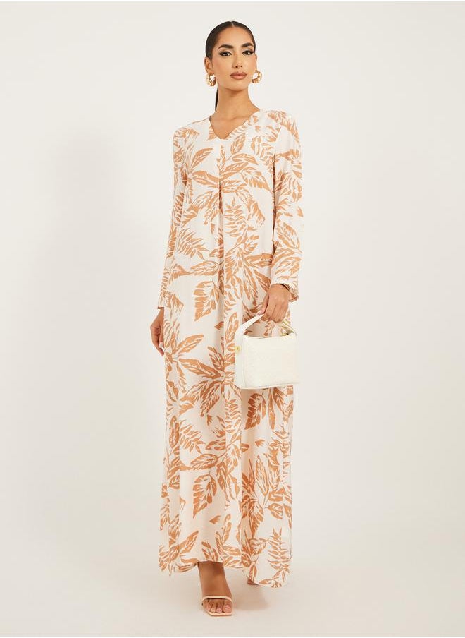 Styli - all over foilage print jalabiya is soft fabric w/ front pleat detail - Image 1