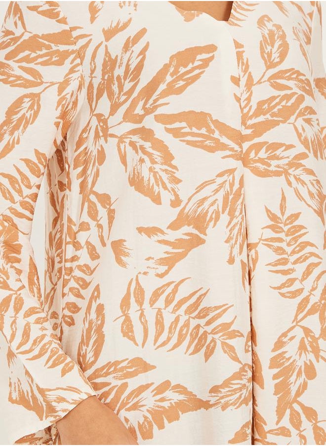 Styli - all over foilage print jalabiya is soft fabric w/ front pleat detail - Image 1