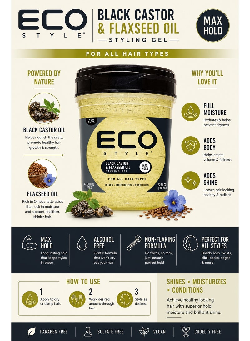 Eco Style Black Castor & Flaxseed Oil Hair Styling Gel 32oz / 946ml | Max Hold Gel for Curly, Coily & Textured Hair - Image 5