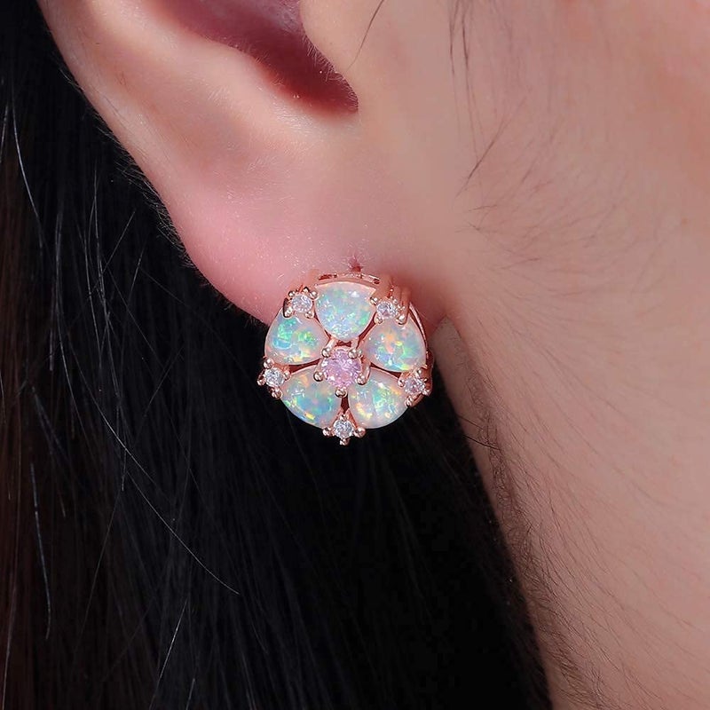 CiNily Rose Gold Plated Flower Earrings Pink Opal Stud Earrings for Women - Image 4
