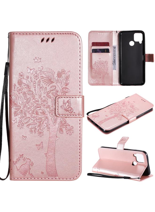 اس-توب جراب لهاتف OPPO Realme C12 / C15، جراب جلدي أفقي قابل للطي بنقشة شجرة وقط مع حامل وفتحات للبطاقات ومحفظة وحبل تعليق - Image 1