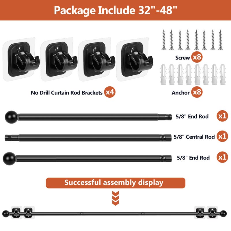 Tidisort Curtain Rods No Drilling for Windows Set 30 to 45 Inch,5/8 Inch Diameter Drapey Pole with No Drill Curtain Rod Brackets,Renter Friendly Cortineros Para Ventanas with Adhesive Holder Hook (Black) - Image 4
