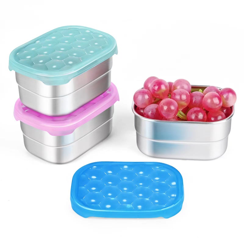 Tanjiae Kids Snack Pro - حاويات وجبات خفيفة من الفولاذ المقاوم للصدأ للأطفال | سهلة فتح تسرب حاويات الطعام الصغيرة مع أغطية السيليكون - صندوق غداء معادن مثالي للرعاية النهارية والمدرسة (8 أوقية*3) - Image 1