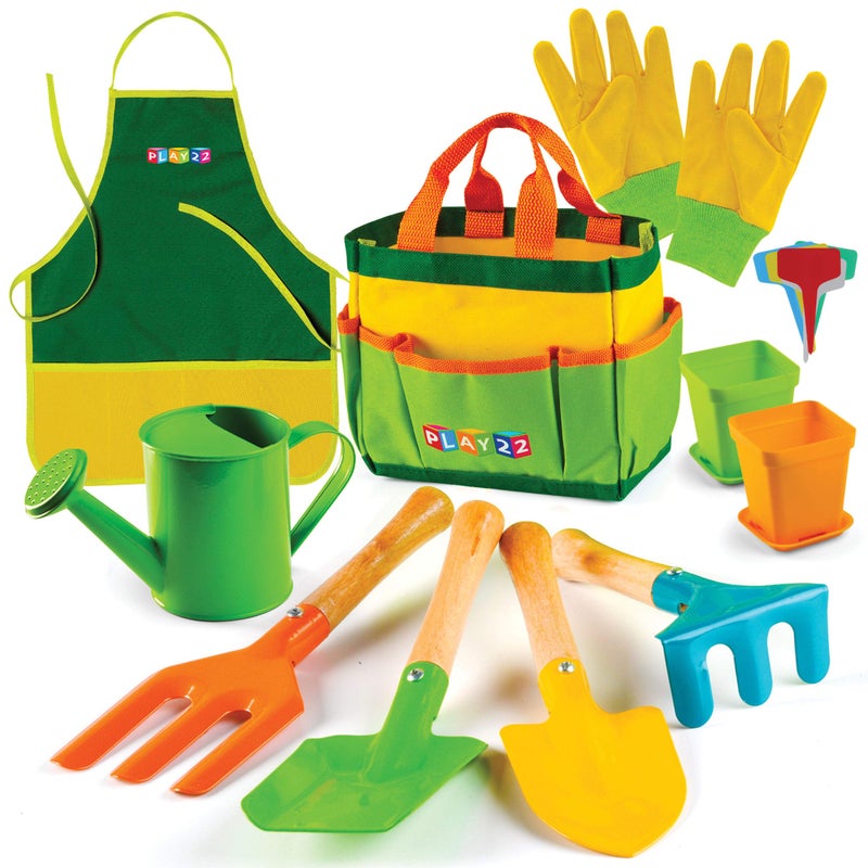 Play22 Kids Gardening Tool Set 12 PCS - Kids Gardening Tools Shovel Rake Fork Trowel Apron Gloves Watering Can and Tote Bag, Toddler Gardening Tools for Kids Best Outdoor Toys Gift for Boys and Girls - Image 1