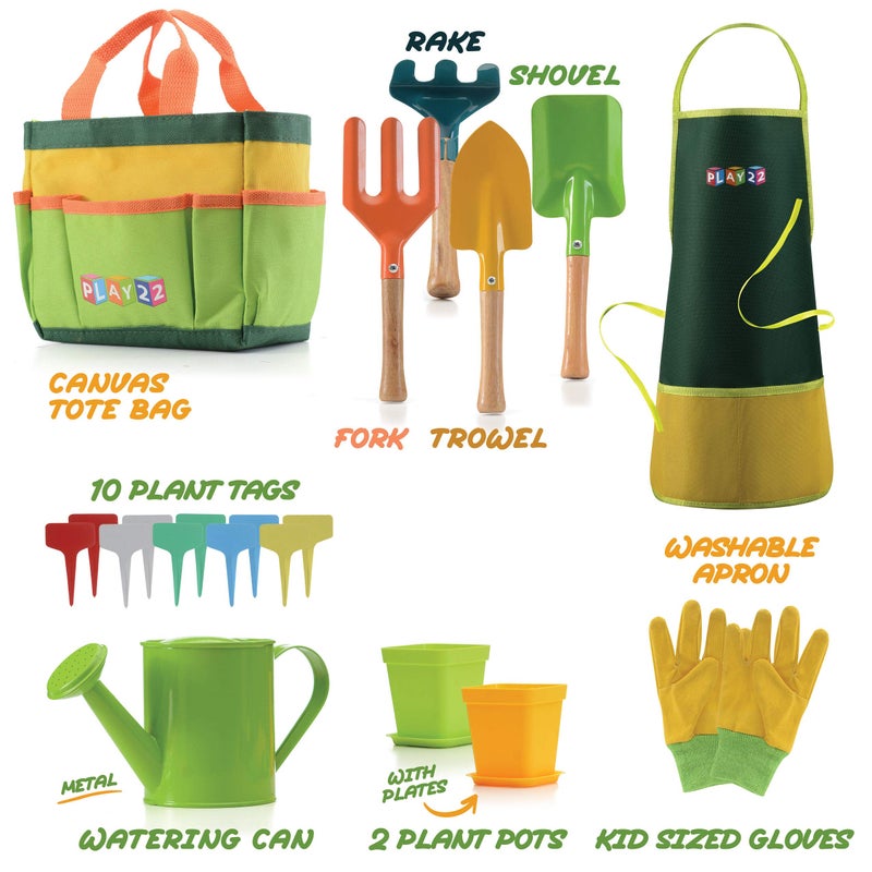 Play22 Kids Gardening Tool Set 12 PCS - Kids Gardening Tools Shovel Rake Fork Trowel Apron Gloves Watering Can and Tote Bag, Toddler Gardening Tools for Kids Best Outdoor Toys Gift for Boys and Girls - Image 3