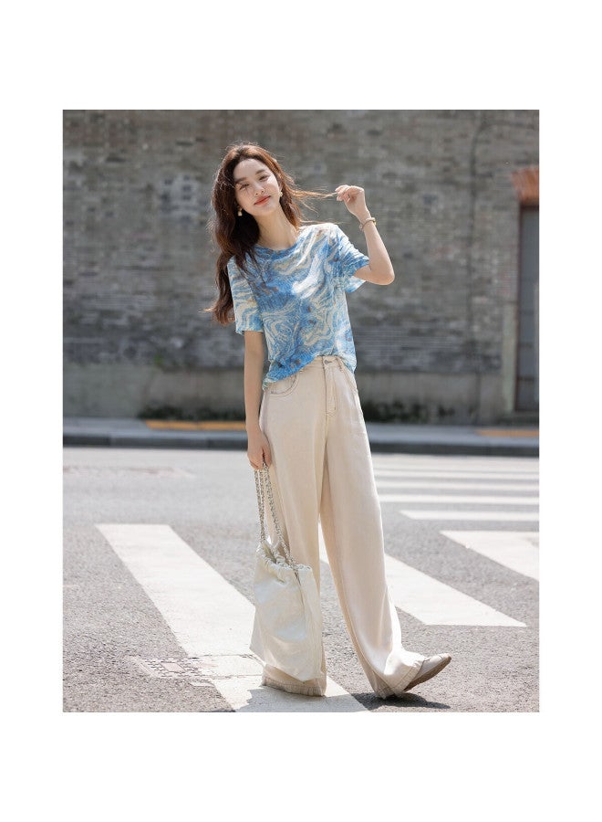 dme Demana [Fresh Watercolor Style] Summer Light Soft Gentle Round Neck Short Sleeve Bottoming Shirt Covering Meat Temperament Slightly Elastic Women'S T-Shirt - Image 4