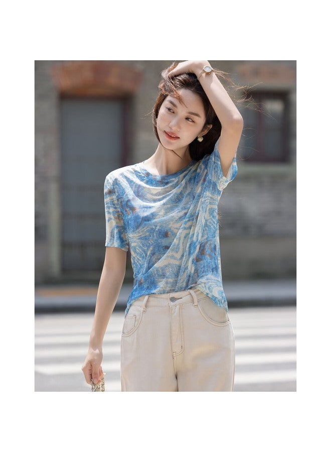 dme Demana [Fresh Watercolor Style] Summer Light Soft Gentle Round Neck Short Sleeve Bottoming Shirt Covering Meat Temperament Slightly Elastic Women'S T-Shirt - Image 3