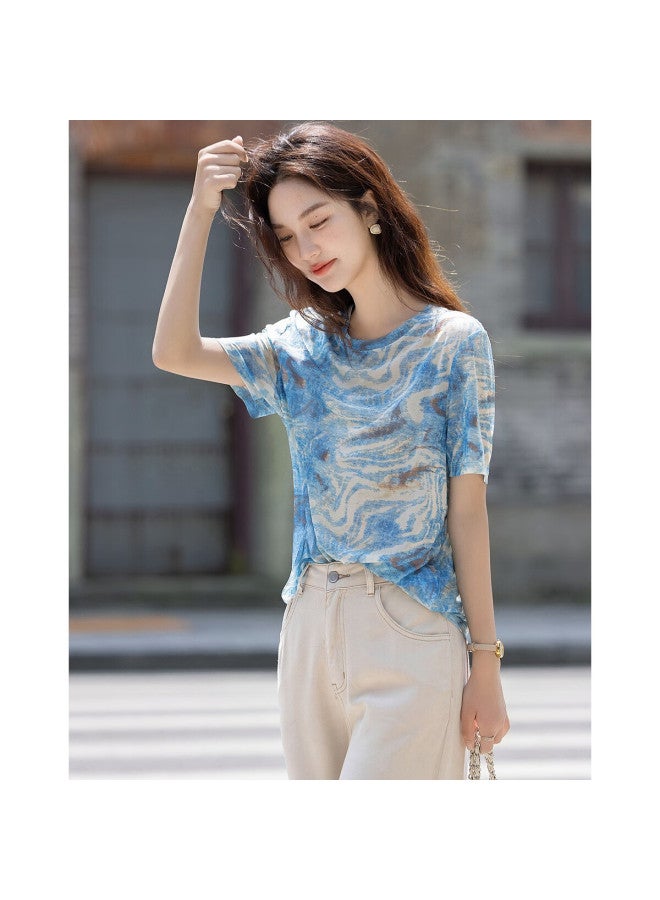 dme Demana [Fresh Watercolor Style] Summer Light Soft Gentle Round Neck Short Sleeve Bottoming Shirt Covering Meat Temperament Slightly Elastic Women'S T-Shirt - Image 1
