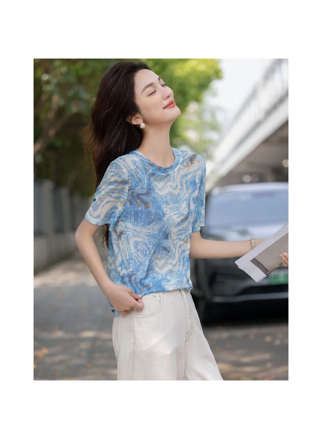 dme Demana [Fresh Watercolor Style] Summer Light Soft Gentle Round Neck Short Sleeve Bottoming Shirt Covering Meat Temperament Slightly Elastic Women'S T-Shirt - Image 5