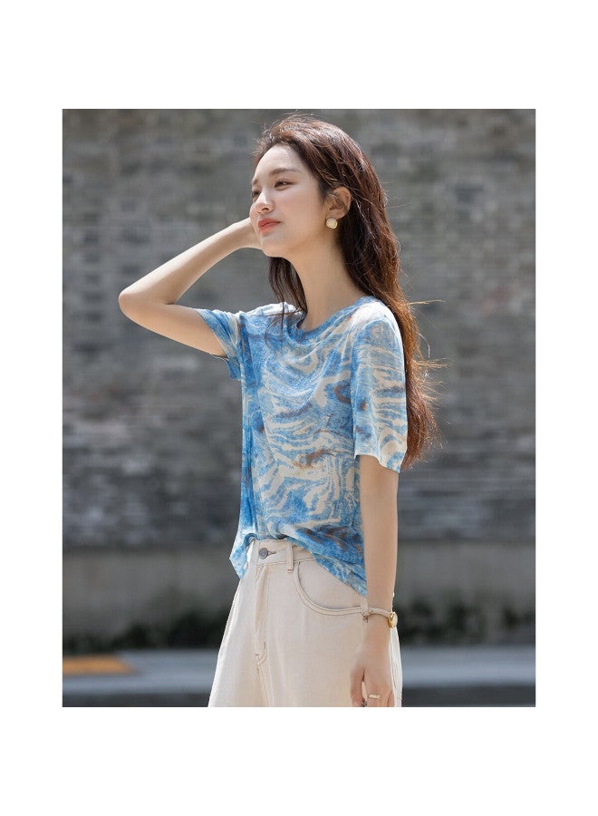 dme Demana [Fresh Watercolor Style] Summer Light Soft Gentle Round Neck Short Sleeve Bottoming Shirt Covering Meat Temperament Slightly Elastic Women'S T-Shirt - Image 2