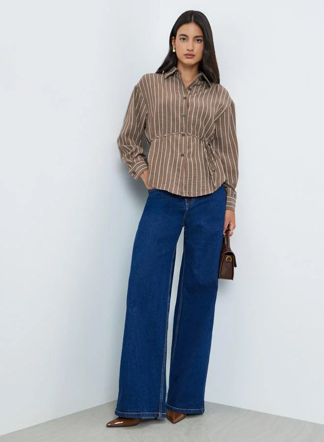 Styli Brown Striped Long Sleeve Shirt with Tie Waist