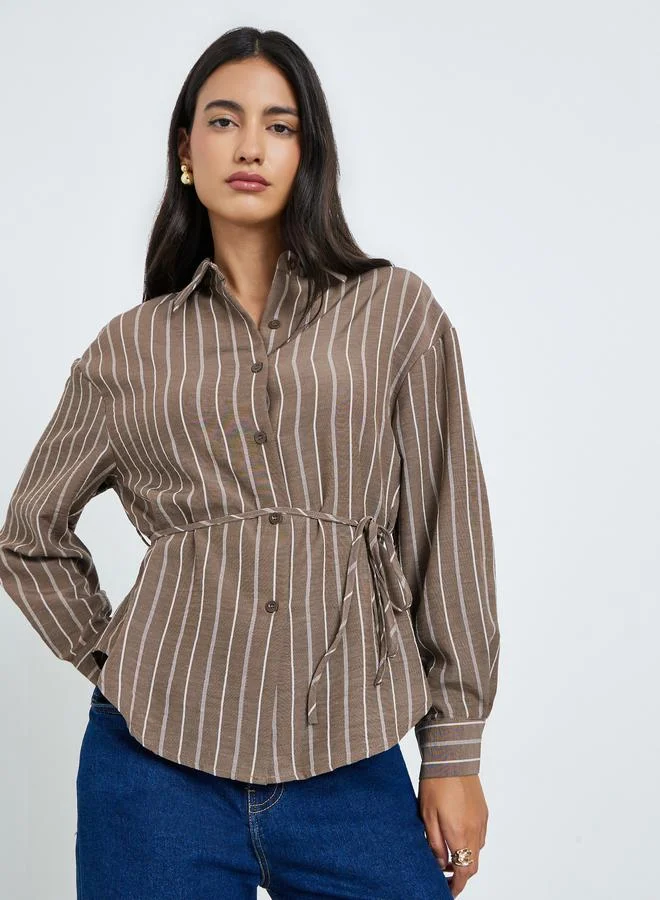 Styli Brown Striped Long Sleeve Shirt with Tie Waist
