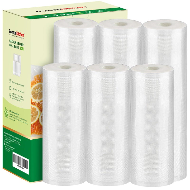 Bonsenkitchen Vacuum Sealer Rolls Bags, 6 Pack 3 Rolls 11" x 16' + 3 Rolls 8" x 16' Commercial Grade BPA Free Bag Rolls, Durable Customized Size Food Vac Bags for Storage and Sous Vide Cooking VB22 - Image 1