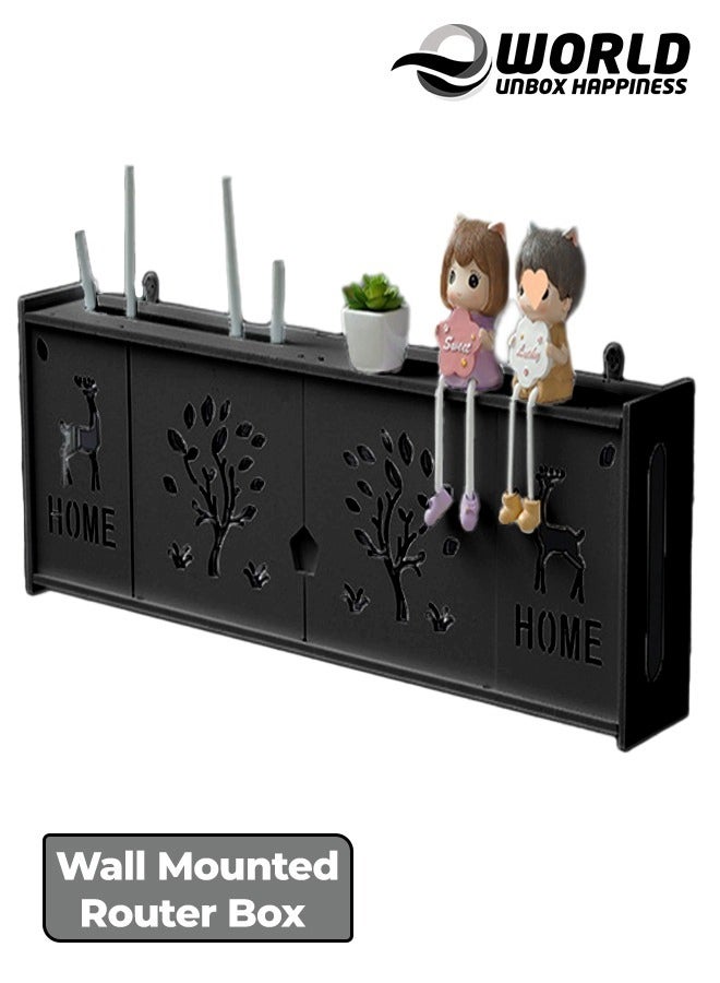 Eworld Stylish Wall-Mounted Router Rack for Wi-Fi Router, Set-Top Box, Light Cat Box, and More, Includes Doors and Patch Panel Shielding Box for Neat Storage, Black - Image 1