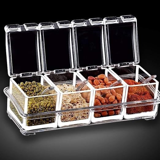 CHALISA Home Kitchen 4 Grid Acrylic spice box Acrylic Seasoning Mukhwas Rasoi Dry Fruit Easy Flow Spice Box Kit With SpoonKitchen Masala Storage Box Container Seasoning Organizers Jars - Image 1