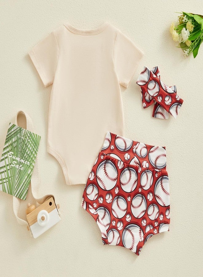 DNOMAID YZARC Newborn Baby Girl Baseball Outfit Short Sleeve Letters Print Romper Onesie Shorts Set Headband Summer Clothes (Khaki, 6-12 Months) - Image 3