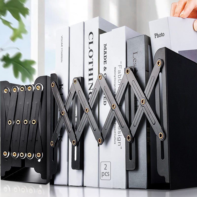 Carooyac 2pcs لا ينتهي الكتب غير المتزلجة لعقد الكتب Carooyac Bookends قابلة للتعديل Book End Metal Bookends للأرفف حاملات الكتب السوداء لمكتب رف الكتب - يمتد إلى 19 "" - Image 1