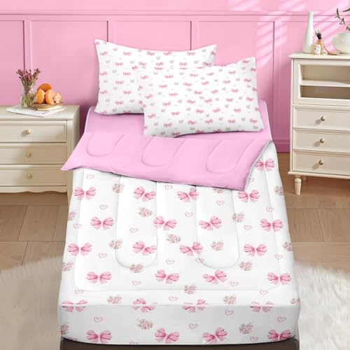 Nesker Twin Zipper Bedding, Pink Bowknot Zipper Bedding Sets for Girls, 3pcs All in on one, Princess Flower Kids Comforter Set with Fitted Sheet and 1 Pillowcase - Image 1