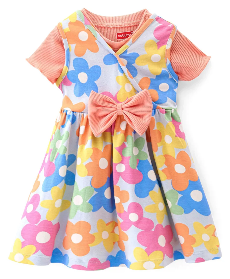 babyhug Babyhug Floral Print Dungaree Style Frock with Bow Applique and Half Sleeves Knit Inner Tee - Peach