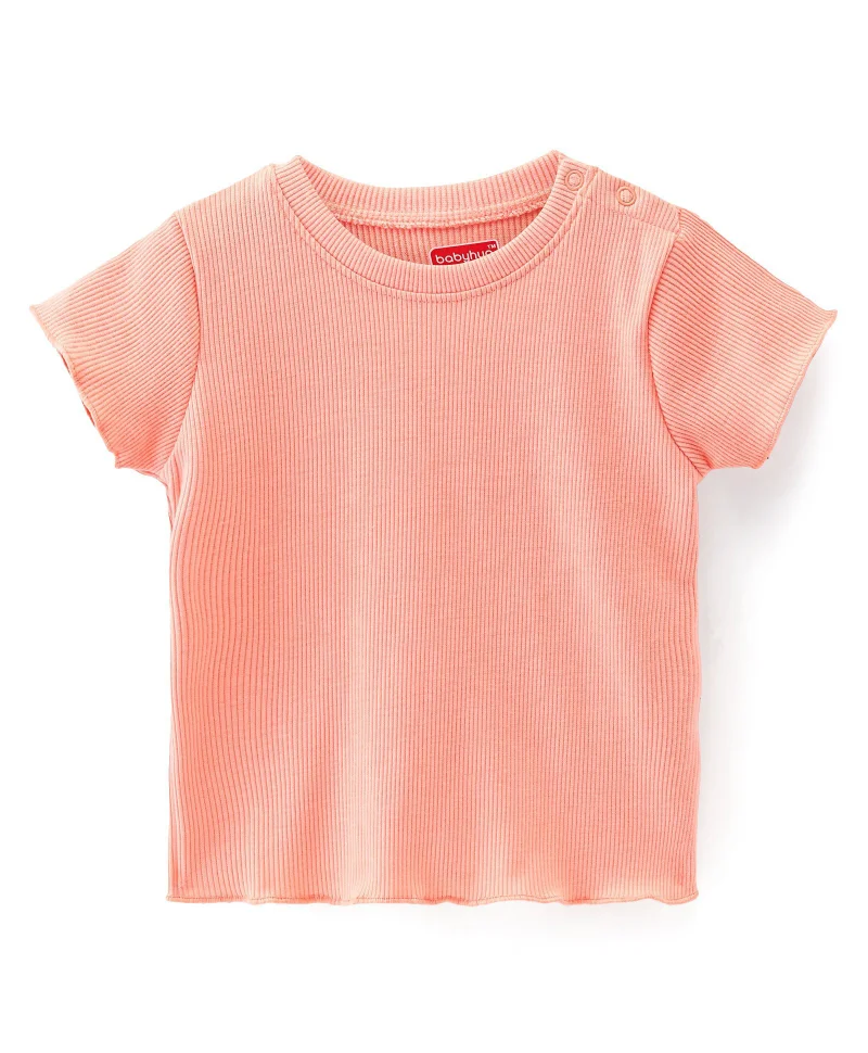 babyhug Babyhug Floral Print Dungaree Style Frock with Bow Applique and Half Sleeves Knit Inner Tee - Peach