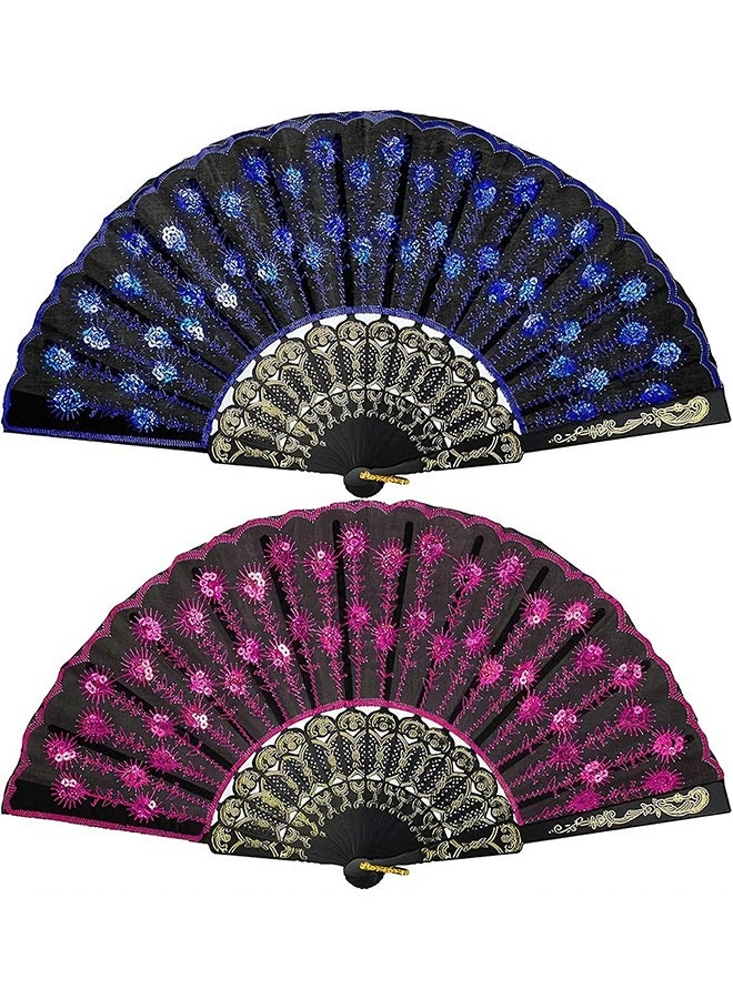 Happy D 2 Pieces Lace Spanish Fan, Foldable Hand Fan for 1920s Dancing Costume, Spanish Flamenco Gift, Photo Props, Prom, Decorations(Royal Blue, Rose Red) - Image 1