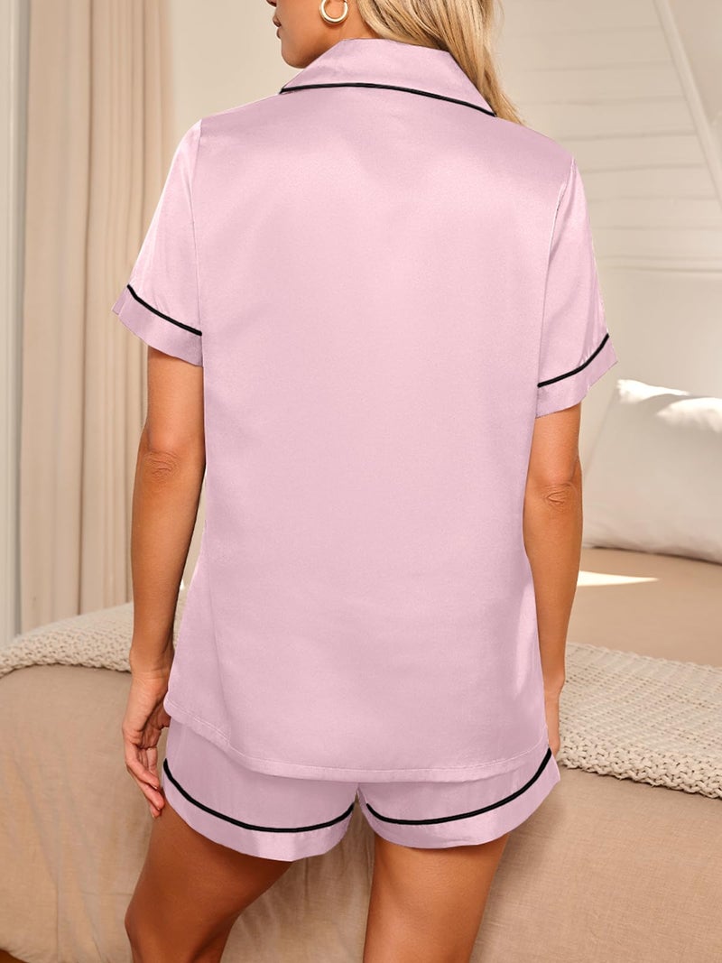 LILLUSORY Silk Satin Pajama Set for Women 2 Piece Lounge Pjs Winter Matching Summer Sleepwear Button Down Shirt Shorts Pink XS - Image 4
