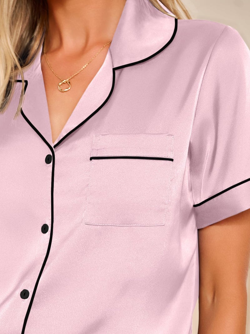 LILLUSORY Silk Satin Pajama Set for Women 2 Piece Lounge Pjs Winter Matching Summer Sleepwear Button Down Shirt Shorts Pink XS - Image 5